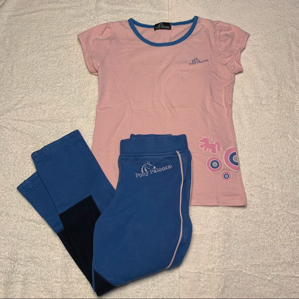 Girl’s M PONY PALOOZA 2-PC Top & Pull On Schooling Tights / Breeches Pink Blue